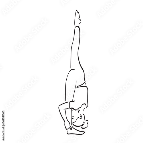 woman doing yoga with head down and one leg up illustration vector hand drawn isolated on white background line art.