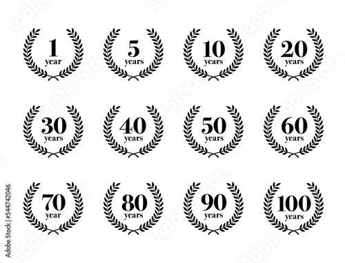 Set of laurel wreaths with anniversaries. The vector illustration is perfect for your tasks. Vector icons can be used on different backgrounds. EPS10.	