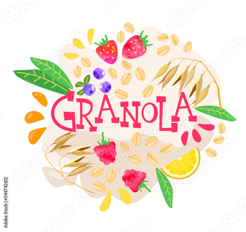 Vector illustration granola background with with handwritten calligraphy lettering composition. Organic and healthy snack