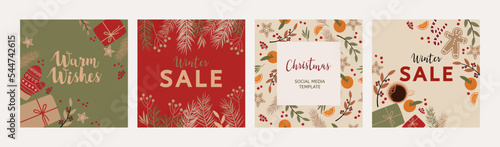 Merry Christmas and Happy New Year Set of backgrounds for social media post. Design templates for seasonal sale banner, greeting card, poster