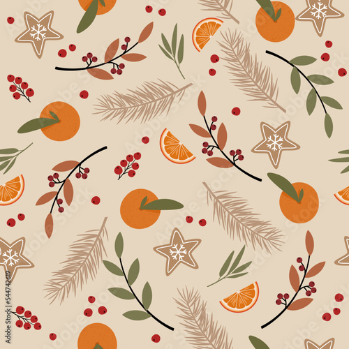 Seamless christmas pattern retro style with gingerbread cookies, mandarines, christmas tree brunch and berries