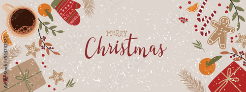 Merry Christmas and Happy New Year banner. Winter holidays design template, g...