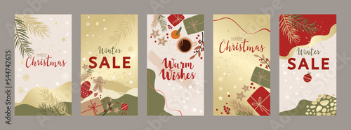 Merry Christmas and Happy New Year set of backgrounds for social media post. ...