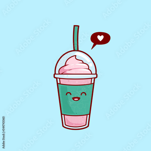 happy strawberry smoothies milkshake juice with ice cream topping illustration vector cartoon character