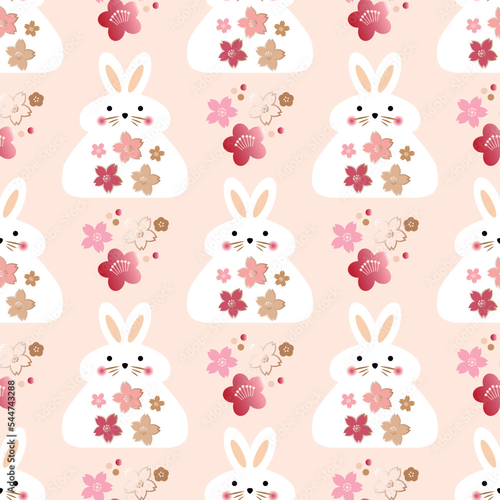 Awesome seamless pattern with cute rabbits, flowers, Daruma Happy japanese new year, 20023 - year of the Rabbit. Vector hand drawn illustration. Awesome seamless pattern with cute rabbits, flowers, Daruma Happy japanese new year, 20023 - year of the Rabbit. Vector hand drawn illustration.