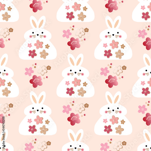 Awesome seamless pattern with cute rabbits, flowers, Daruma Happy japanese new year, 20023 - year of the Rabbit. Vector hand drawn illustration.