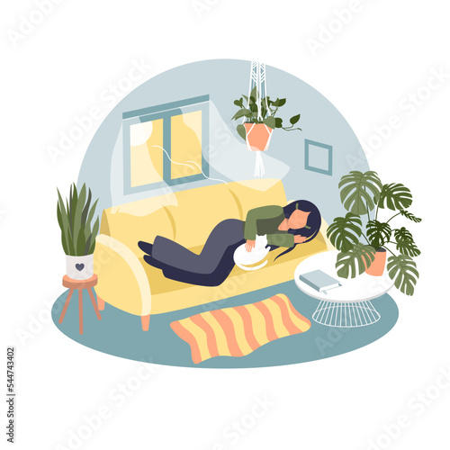 The girl sleeps on the sofa, hugging the cat. Daytime nap on the couch with an open window. Airing a cozy room. Home flowers in pots, coffee table with a book and a carpet. Vector illustration.