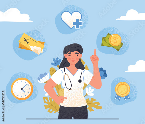 Employee benefits concept. Woman points to icons, employee and worker. Poster or banner for website. Advocacy and equality, health insurance, money and pension. Cartoon flat vector illustration
