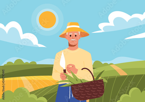 Farming profession concept. Man with basket in hat stands in background of fields with fresh fruits and vegetables. Village area and landscape. Poster or banner. Cartoon flat vector illustration