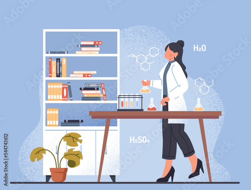 Laboratory assistant concept. Young girl with test tubes and reagents next to chemical formula. Experiments in laboratory, development of drugs and cosmetics. Cartoon flat vector illustration