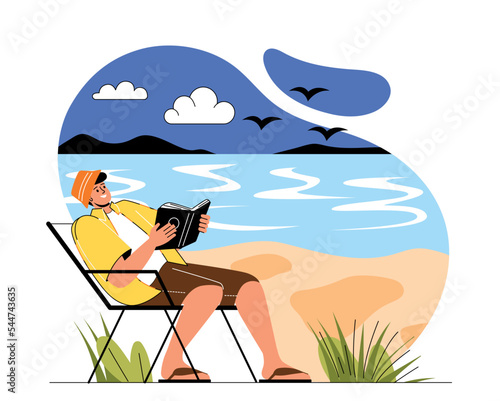 Man reading on beach. Young guy lies on folding bed with book in his hands and looks at sea and ocean. Holidays in tropical and exotic countries, summer season. Cartoon flat vector illustration