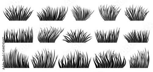 Grass natural organic lawn black silhouette set. Contour bio herb meadow. Eco plant fresh bush different shape spring herbal turf on white background. Greenery leaves cartoon foliage landscape border