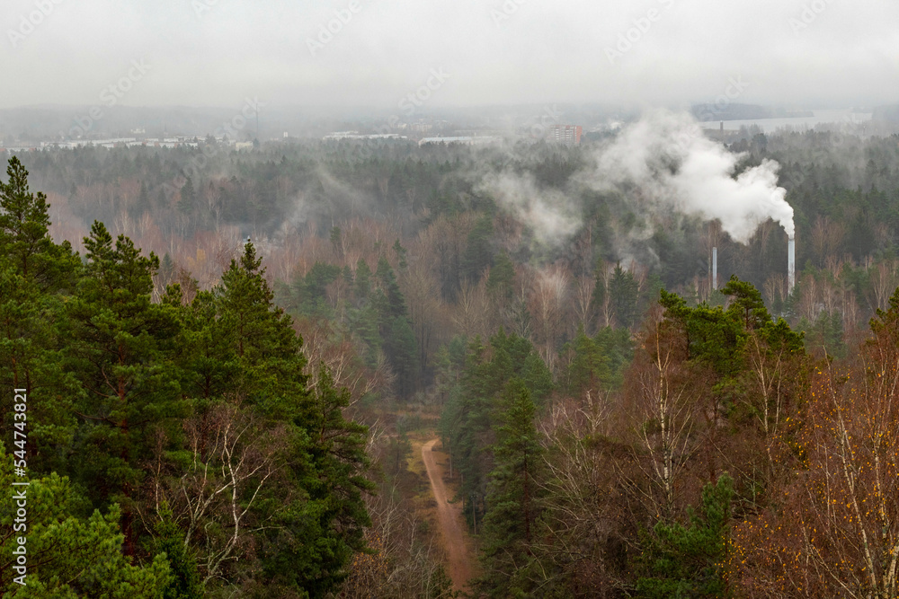Forest mountain trail, industrial pipes with smoke. Foggy morning. Forest mountain trail, industrial pipes with smoke. Foggy morning.