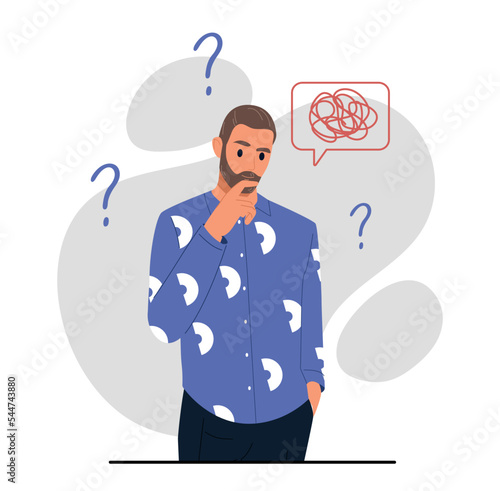 Man shrugging concept. Young guy does not know answer to question and FAQ. Information and knowledge, uncertainty. Gestures, facial expressions and emotions. Cartoon flat vector illustration