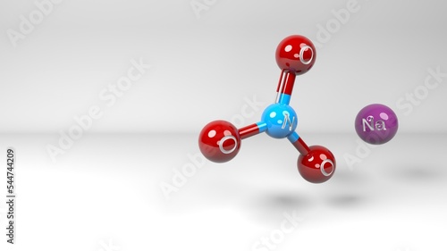 Sodium nitrate molecule. Molecular structure of Chile saltpeter compound used in manufacture of fertilizers, explosives and food preservative. Footage available. photo