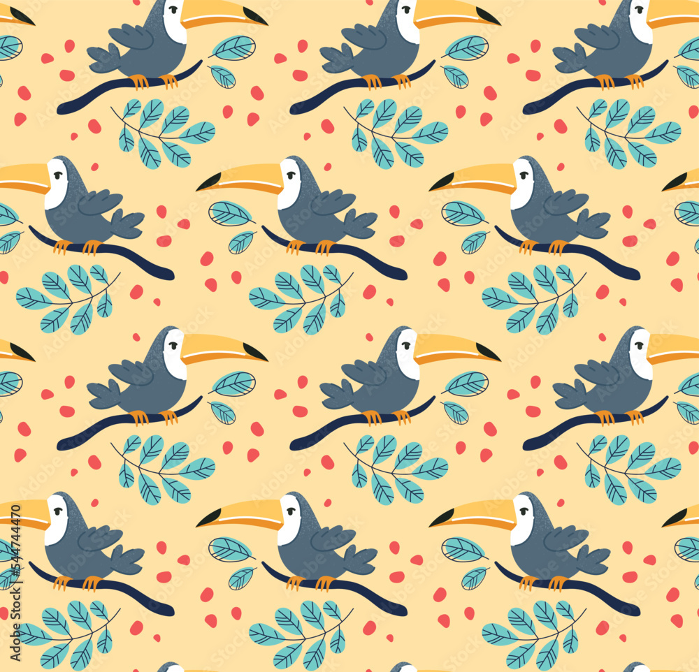 Seamless pattern with toucan. Repeating design element for printing on fabric. Tropical and exotic bird. Symbol of jungle and summer season. Flora and fauna. Cartoon flat vector illustration