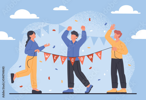 Welcome newcomer concept. Man and woman holding red flag ribbon in front of new employee, staff expansion. Friendly and welcoming colleagues. Positivity and optimism. Cartoon flat vector illustration