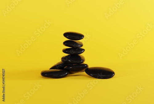 Black massage stones on a yellow background. The concept of massaging, realking. SPA and beauty care. 3D render, 3D illustration.