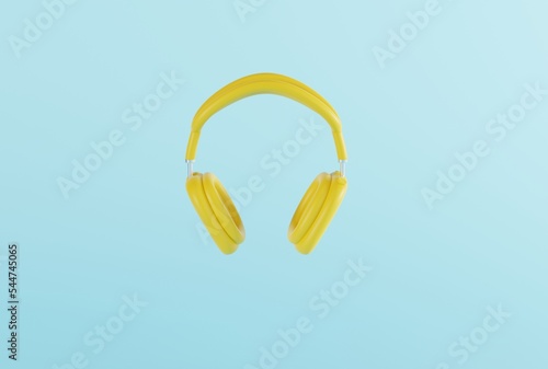 Headphones on a blue background. Concept of listening to music in headphones, subject of pastel headphones. Music technology. 3D render, 3D illustration.