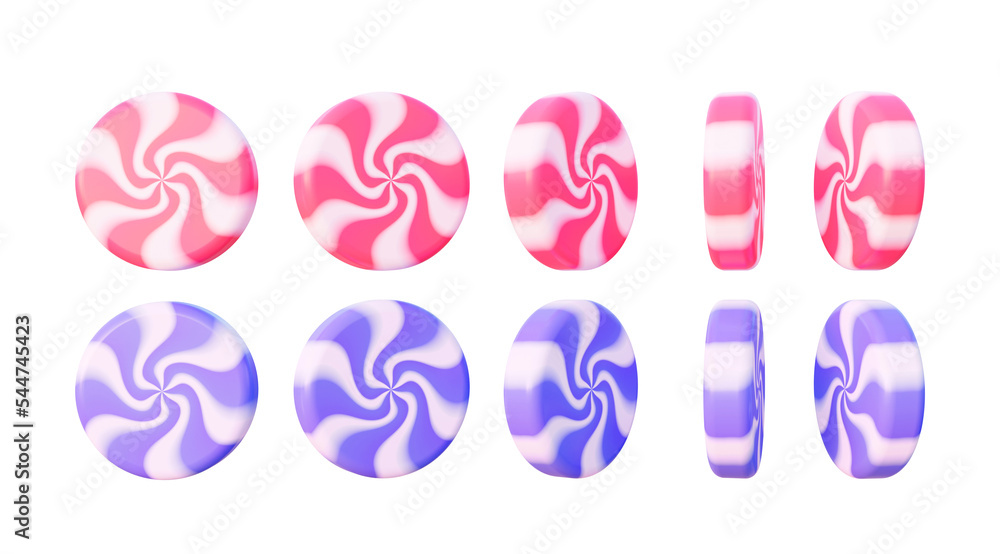 Pink and purple a round peppermint candy. Caramel sweets isolated on white background. 3d rendering - obrazy, fototapety, plakaty 