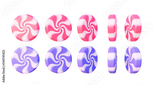Pink and purple a round peppermint candy. Caramel sweets isolated on white background. 3d rendering