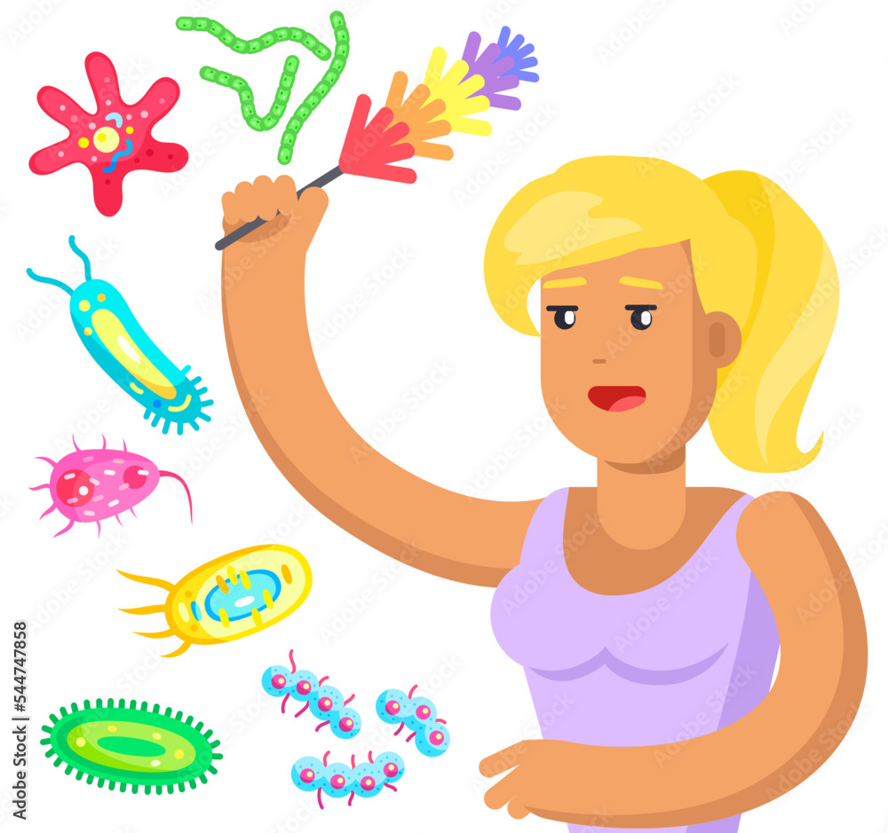 Home cleaning poster with housekeeping woman. Lady with pipidaster in hand fighting germs and dust. Housewife cleans dust and microorganisms vector illustration. Daily routine, housework concept