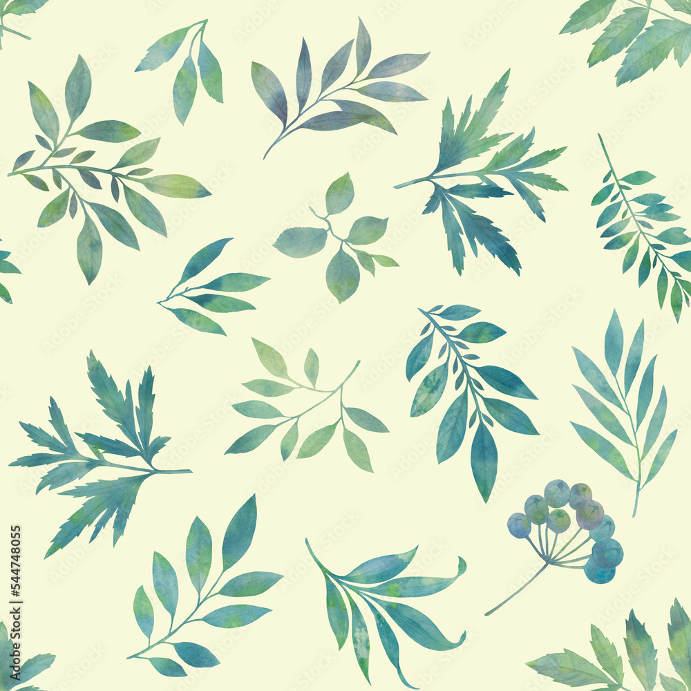 Branches and leaves painted in watercolor, collected in a seamless pattern. Branches and leaves painted in watercolor, collected in a seamless pattern.