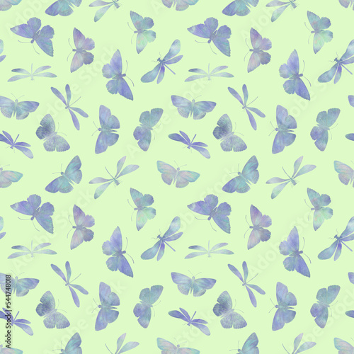 Colorful pattern of watercolor butterflies and dragonflies collected for design  wrapping paper  wallpaper  print.