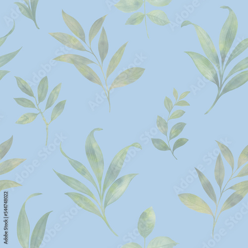 Green leaves seamless pattern with abstract watercolor for wallpaper  wrapping paper  print  design.