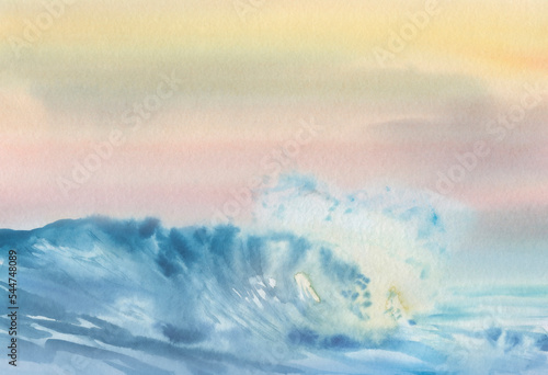 Fototapeta Naklejka Na Ścianę i Meble -  Seascape with waves painted in watercolor. Sunset on the sea.