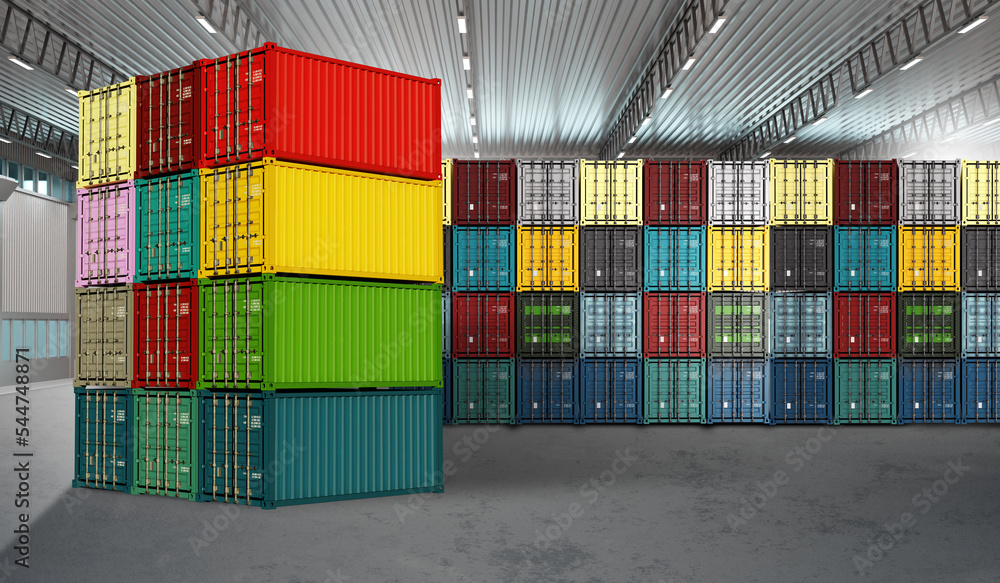 Fototapeta premium Warehouse with metal containers. Storage inside large hangar. Closed sea containers are ready to be loaded onto ship. Industrial warehouse with sea containers. Concept sale of cargo tare. 3d image