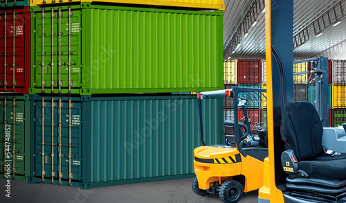 Logistic warehouse. Industrial hangar with sea containers. Warehouse with colorful containers. Forklift inside logistics warehouse. 20ft shipping containers in building. 3d rendering. photo