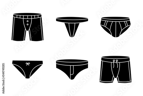 Collection fashion lingerie. Black underpants. Woman and men underpants. Swimming underwear design. Classic boxers, trunks, bikini, strings, thong. Black swimwear