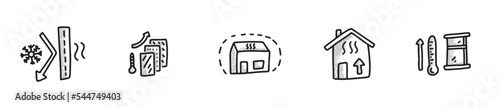 House heating system icon set, home insulation concept, insulating walls, windows vector icons, heat radiator emblems, keep warm inside, symbols isolated on white background