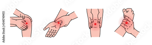 Human joints pain. Ache in knee and wrist. Pain in different part of human body. Health problems in muscle pain and joints problems.