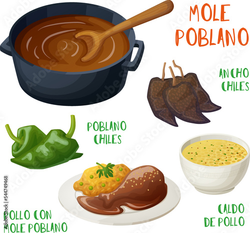 Mole poblano with ingredients vector icons set. Collection of pollo con mole poblano mexican food cartoon illustrations