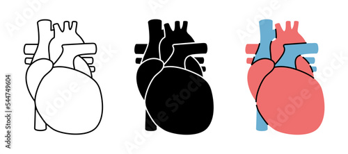 Set of human heart symbols. Human heart icons in color, black and thin line style. Vector illustration. Human organ icons