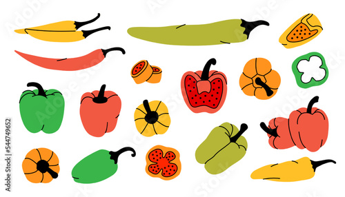 Set of pepper sketch. Red hot chili peppers and bell peppers sketch illustration. Pepper drawing. Hand drawn design element. Vector illustration