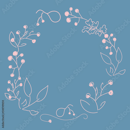 Vector. Merry Christmas and Happy New Year floral background, copy space for text. Rustic circle frame template for Christmas cards, wedding invitations, party invitations. Hand-drawn sketch.