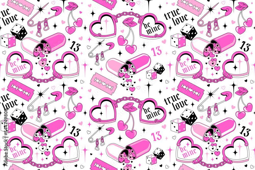 Y2k Creepy Seamless wallpaper. Goth concept of broken love. Emo gothic  background with pill, handcuffs, chain, heart. Glamour pink teen girl's  background in weird style. Fun 90s, 00s aesthetic. Stock Vector