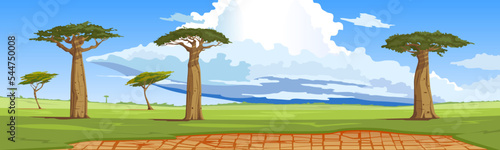 African landscape with baobabs against the backdrop of an impending thunderstorm. Madagascar panoramic view, savannah, dry body of water. Wildlife scene, art drawing. Vector illustration.
