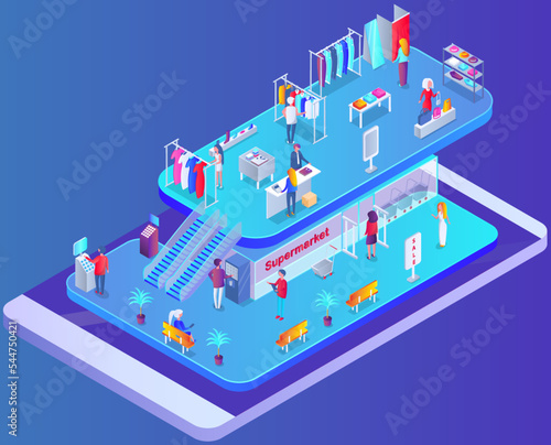 Mall shops with escalator staircase vector illustration moving staircase, automatic ladder. Modern multistory floor trade center with fashion boutique, cafe and grocery store, free zone for relax