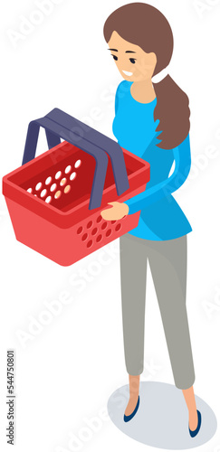 Woman holds shopping cart. Food and shopping bag basket. Purchases, orders in online store concept. Buying online with website for Internet shopping. Digital marketing and virtual shop in laptop