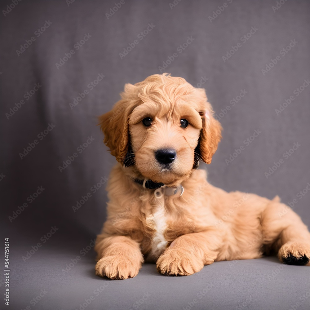 Goldendoodle puppy lying down in a studio