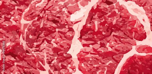 Vector butcher shop background. Red raw meat piece. Realistic cow steak bbq. Meat tenderloin horizontal banner. Juicy steak pattern. Muscle protein food. USA restaurant nutrition. 3d pork illustration