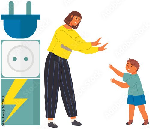 Mother talking to her little son about danger of electricity. Mom educates boy prohibits touching socket. Adult parents teach children about safe behavior with electrical appliances, parenting concept