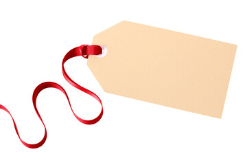 Plain gift tag with red ribbon front flat isolated transparent background photo PNG file