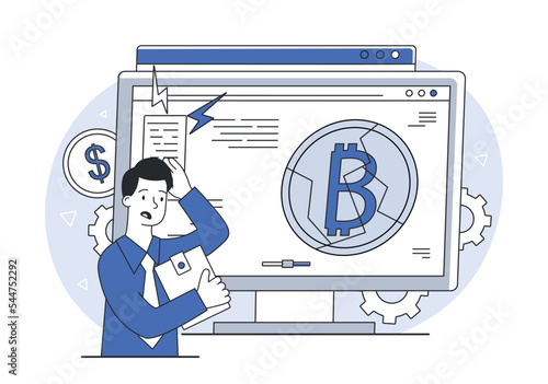 Frustrated with bitcoin crash. Man stands near computer monitor and looks at fall in value of assets. Unsuccessful investor or trader. Financial illiteracy concept. Cartoon flat vector illustration