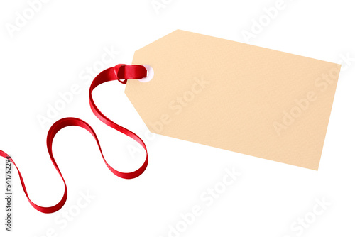 Billede på lærred Plain gift tag with red ribbon front flat isolated transparent background photo