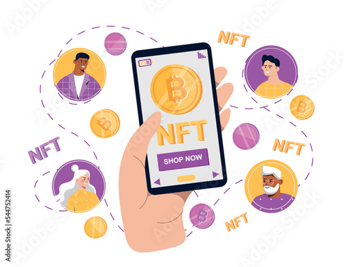 People buying online NFT. Character acquires cryptocurrency. Investment and blockchain technology. Security of transactions on Internet, safety. Poster or banner. Cartoon flat vector illustration